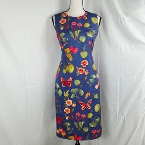 J.McLaughlin Dress Women 8 Blue Floral Butterfly Sleeveless Sheath Stretch